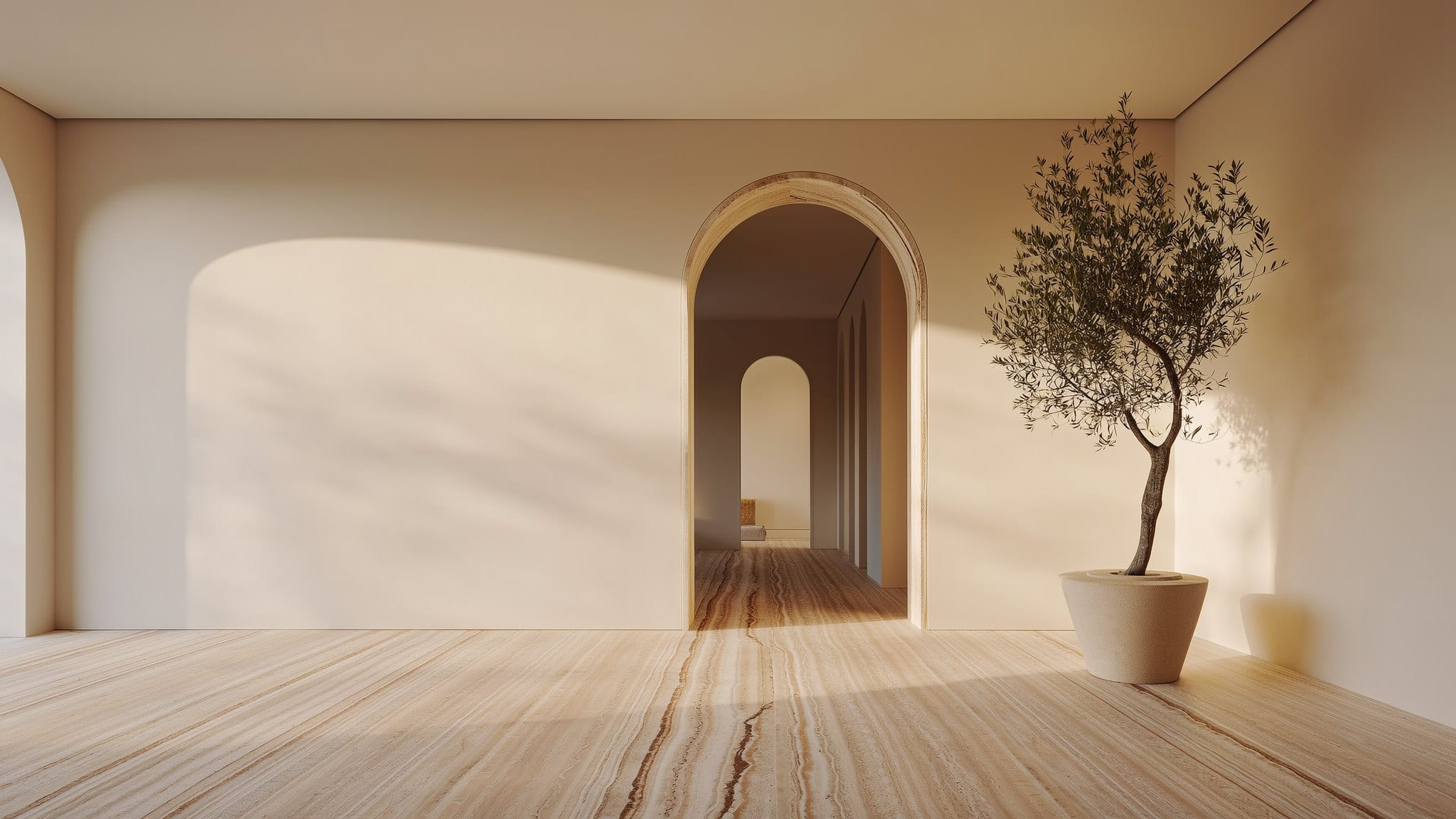 Warm minimalist interior with an arched plaster doorway, travertine floor, and an olive tree in soft daylight