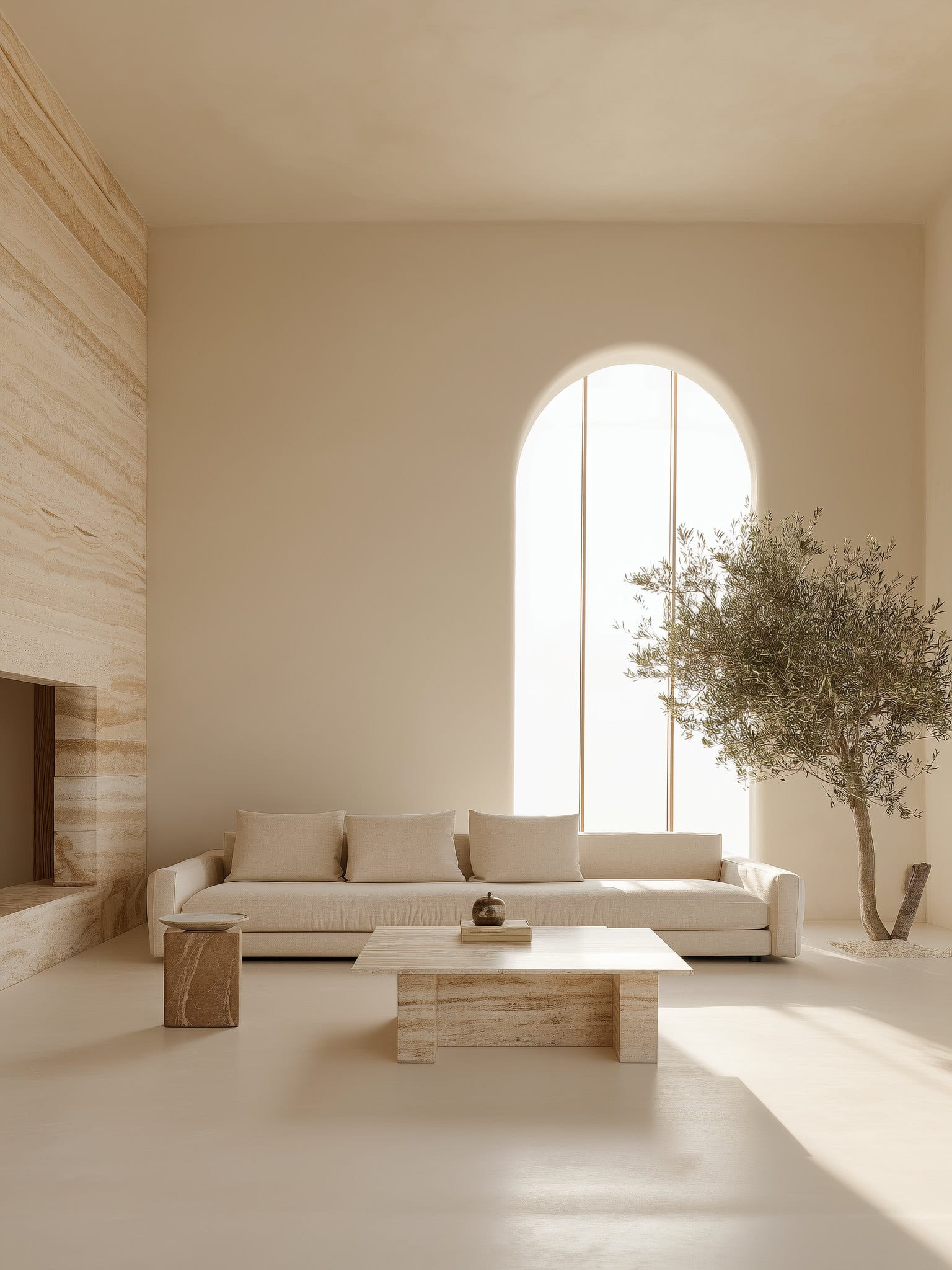 Light-filled living room in warm neutrals with a linen sofa, travertine table, and olive tree by a stone wall