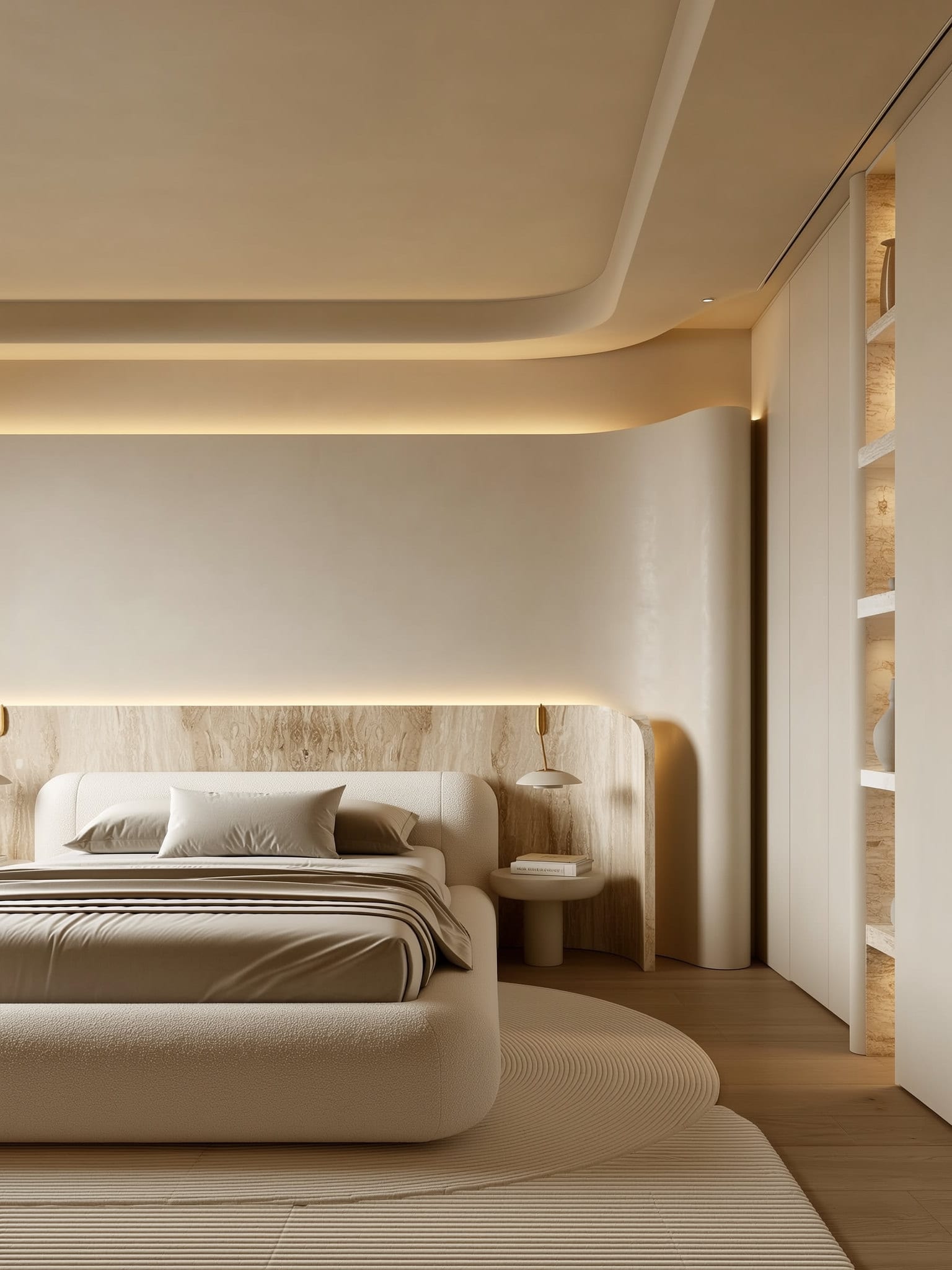 Serene bedroom with a soft upholstered headboard, marble feature wall, and warm layered lighting