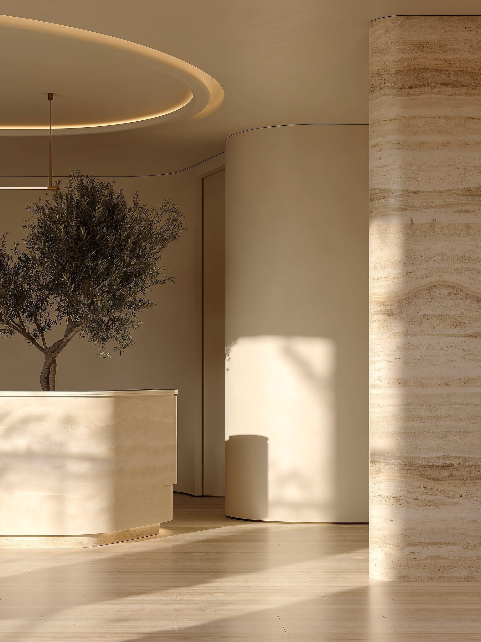 Travertine-clad restaurant with a curved plaster reception, an olive tree, and light raking across stone